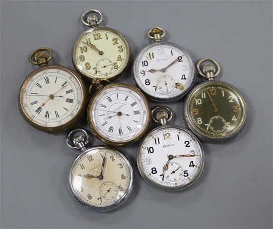 Four base metal military pocket watches including Helvetia and three others.